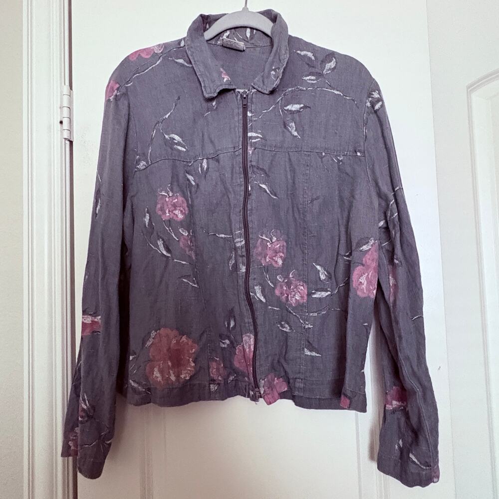 Clio Linen Jacket Lightweight Floral zip Grey Pink Boho Beachy CoastalGrandma M